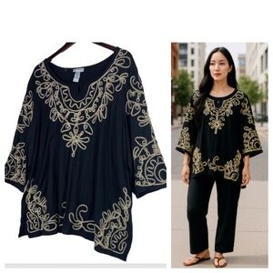 Catherines 3X 26 28 Top Tunic Shirt Black Gold Embroidered Career Casual
